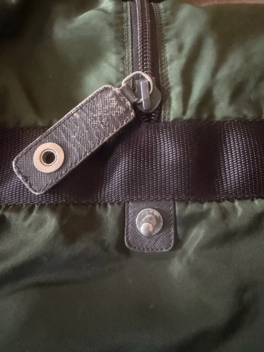 Prada Dark Olive Nylon Duffel Bag with Black Straps. Versatile Travel Piece!